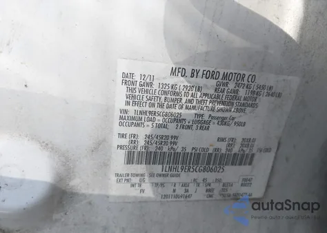 2012 Lincoln Mks z USA, uszkodzony, nr VIN 1LNHL9ER5CG806025